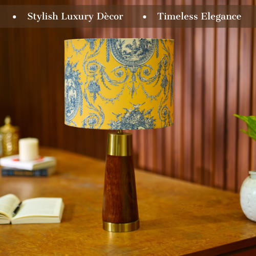 Mango Wood Table Lamp, Yellow Victorian Fabric Shade - RIO Collection