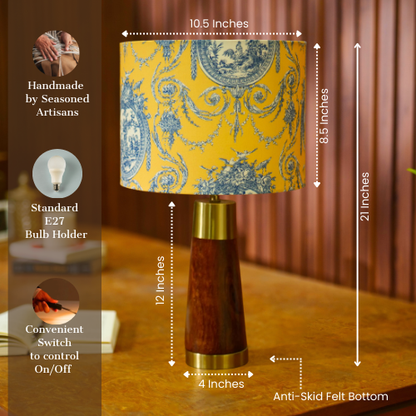 Mango Wood Table Lamp, Yellow Victorian Fabric Shade - RIO Collection