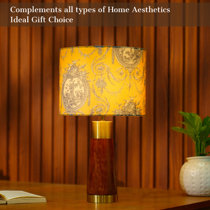 Mango Wood Table Lamp, Yellow Victorian Fabric Shade - RIO Collection