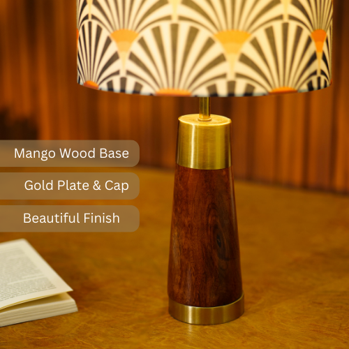 Mango Wood Table Lamp, Orange Zebra Fabric Shade - RIO Collection