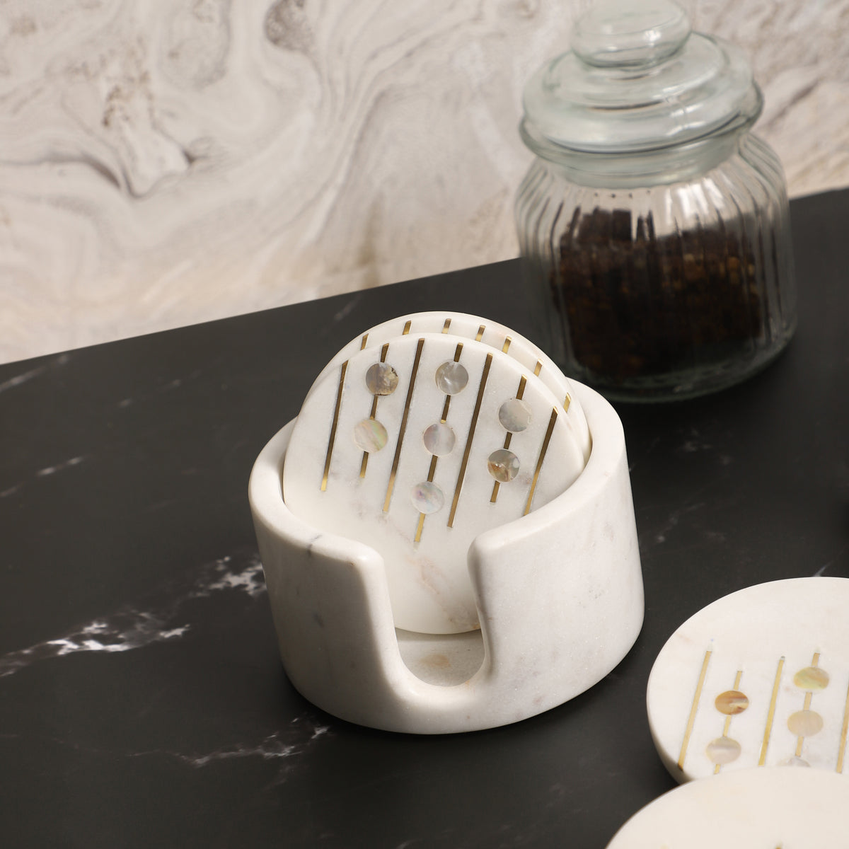 Marble & Mother-of-Pearl Coasters with Brass Inlay
