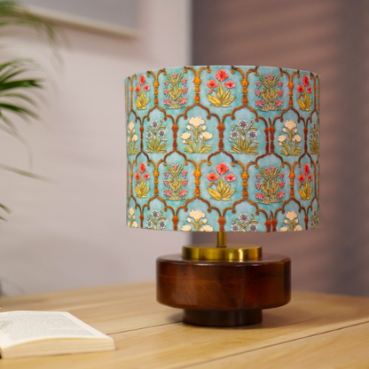Mango Wood Table Lamp, Teal Garlands Fabric Shade - RIO Collection