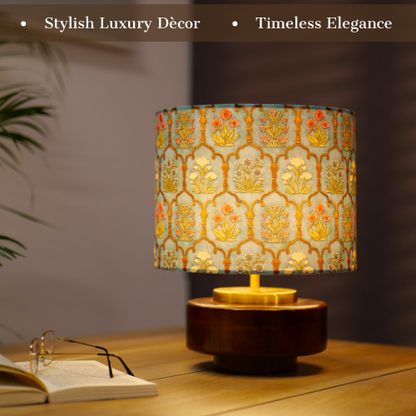 Mango Wood Table Lamp, Teal Garlands Fabric Shade - RIO Collection