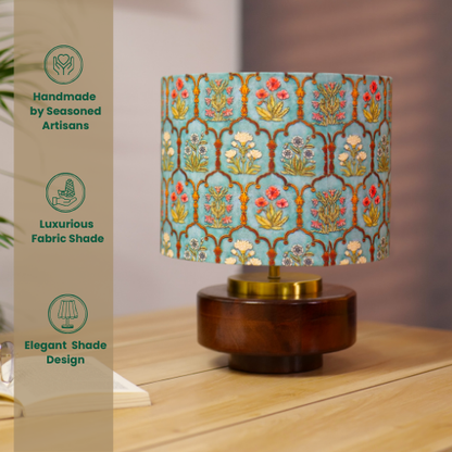 Mango Wood Table Lamp, Teal Garlands Fabric Shade - RIO Collection