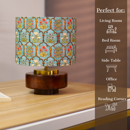 Mango Wood Table Lamp, Teal Garlands Fabric Shade - RIO Collection