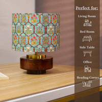 Mango Wood Table Lamp, Teal Garlands Fabric Shade - RIO Collection — thumbnail
