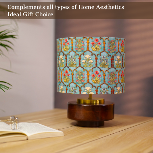 Mango Wood Table Lamp, Teal Garlands Fabric Shade - RIO Collection
