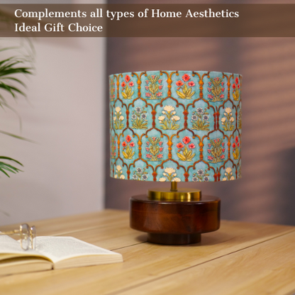 Mango Wood Table Lamp, Teal Garlands Fabric Shade - RIO Collection