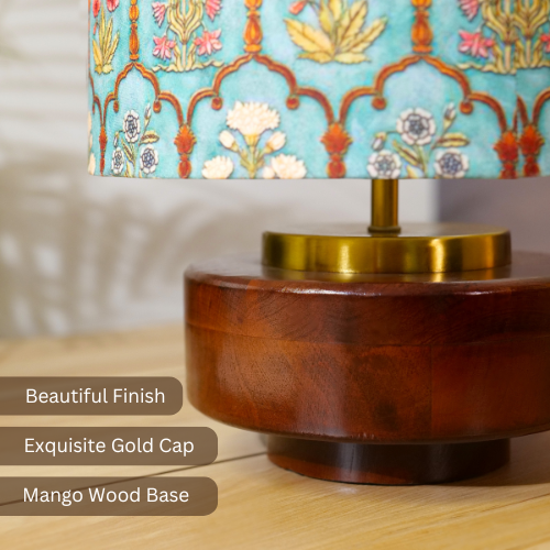 Mango Wood Table Lamp, Teal Garlands Fabric Shade - RIO Collection