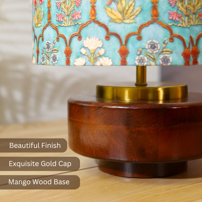 Mango Wood Table Lamp, Teal Garlands Fabric Shade - RIO Collection