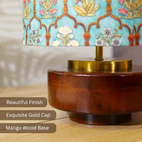 Mango Wood Table Lamp, Teal Garlands Fabric Shade - RIO Collection — thumbnail