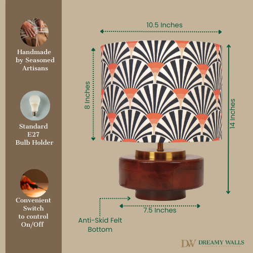 Mango Wood Table Lamp, Orange Zebra Fabric Shade - RIO Collection