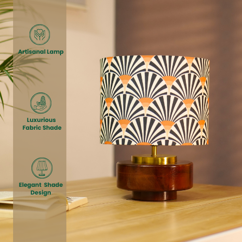 Mango Wood Table Lamp, Orange Zebra Fabric Shade - RIO Collection