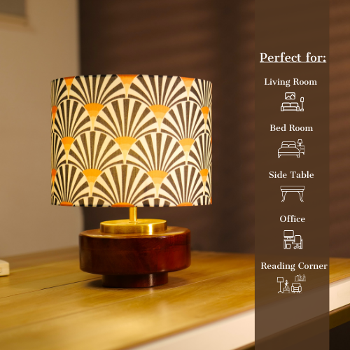 Mango Wood Table Lamp, Orange Zebra Fabric Shade - RIO Collection
