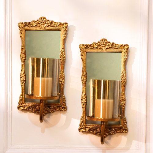 Wall Hanging Gold Mirror Candle Holders with Glass Hurricanes, Set of 2