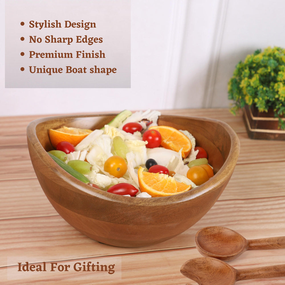 Wooden Boat Salad Bowl with Serving Spoons
