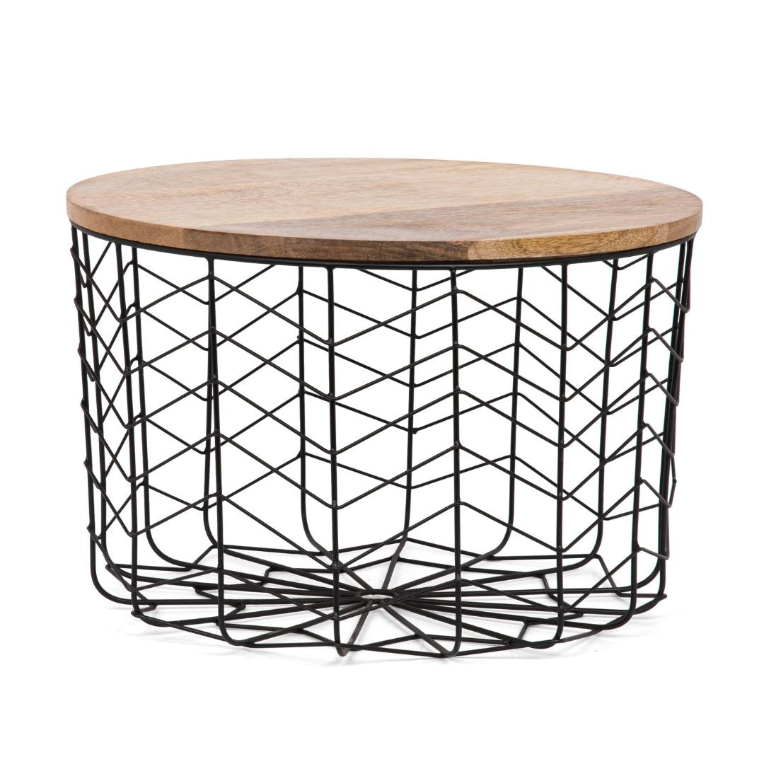 Round wooden table with a black metal wireframe base