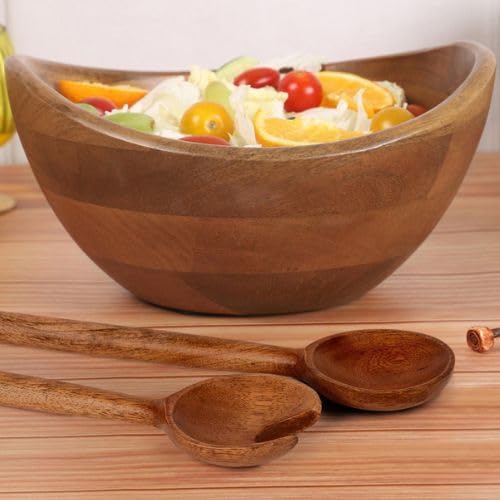Wooden Boat Salad Bowl with Serving Spoons