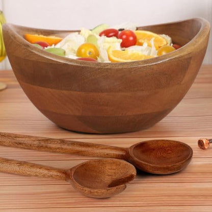 Wooden Boat Salad Bowl with Serving Spoons