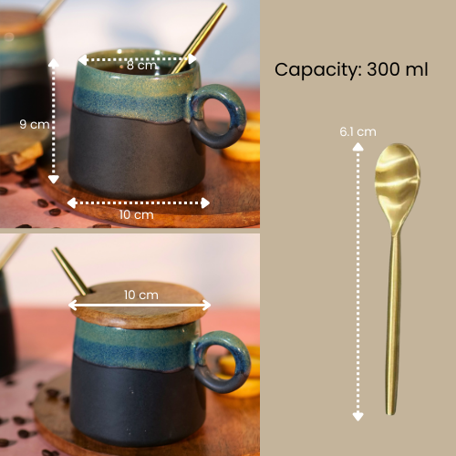 Dimensions of a ceramic mug with a mango wood lid, showing a capacity of 300 ml. Mug dimensions: 9 cm height, 10 cm width, and 8 cm diameter. The gold stainless steel spoon is 6.1 cm long.