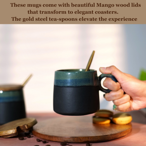 These mugs come with beautiful wood lids that transform to elegant coasters.