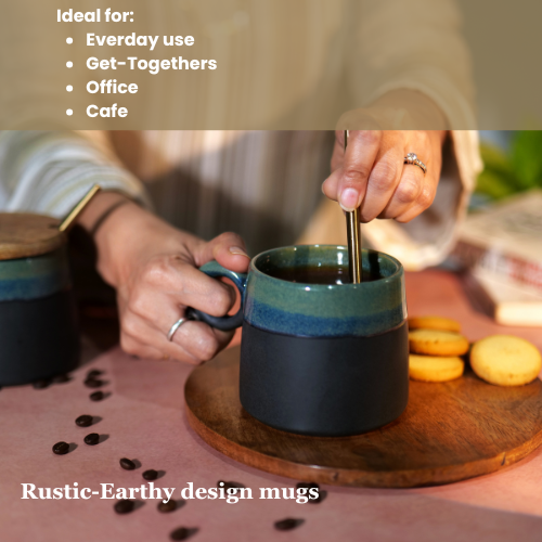  ceramic mugs with wooden lids and metal straws, placed on a wooden coaster with scattered coffee beans in the background