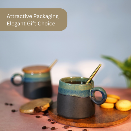 Two ceramic mugs with wooden lids and metal straws, placed on a wooden coaster with scattered coffee beans in the background Attractive Packaging Elegant Gift choice