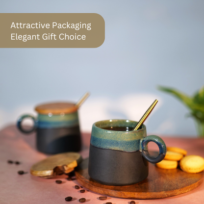 Two ceramic mugs with wooden lids and metal straws, placed on a wooden coaster with scattered coffee beans in the background Attractive Packaging Elegant Gift choice