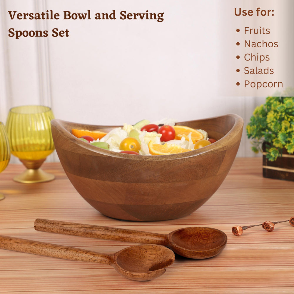 Wooden Boat Salad Bowl with Serving Spoons