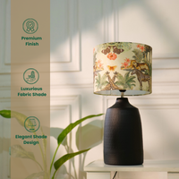 Lamp with a dark base and a jungle-themed shade, showing dimensions and features like handmade craftsmanship, E27 bulb holder, and anti-skid felt bottom — thumbnail