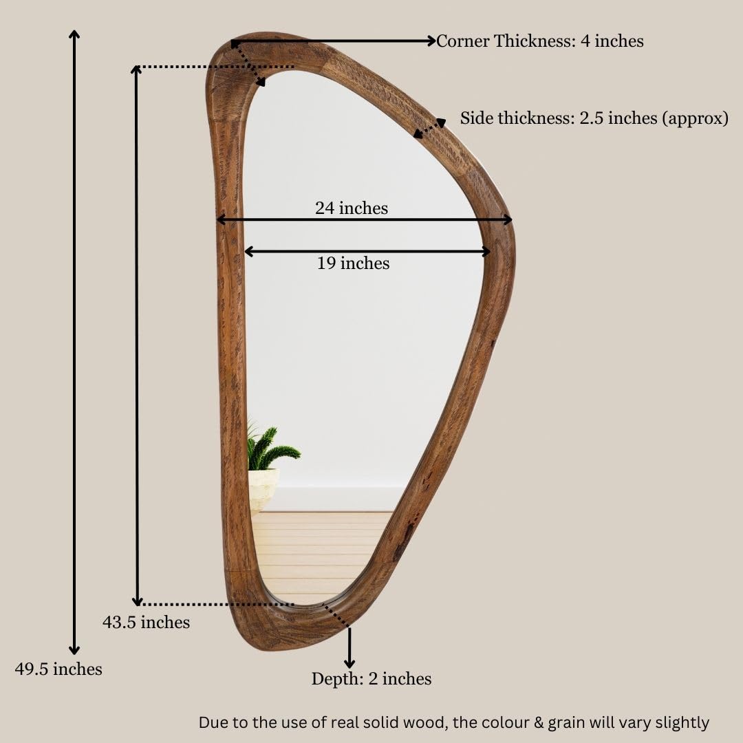 Dimensions of an asymmetrical wooden-framed mirror with measurements for height, width, depth, and thickness detailed