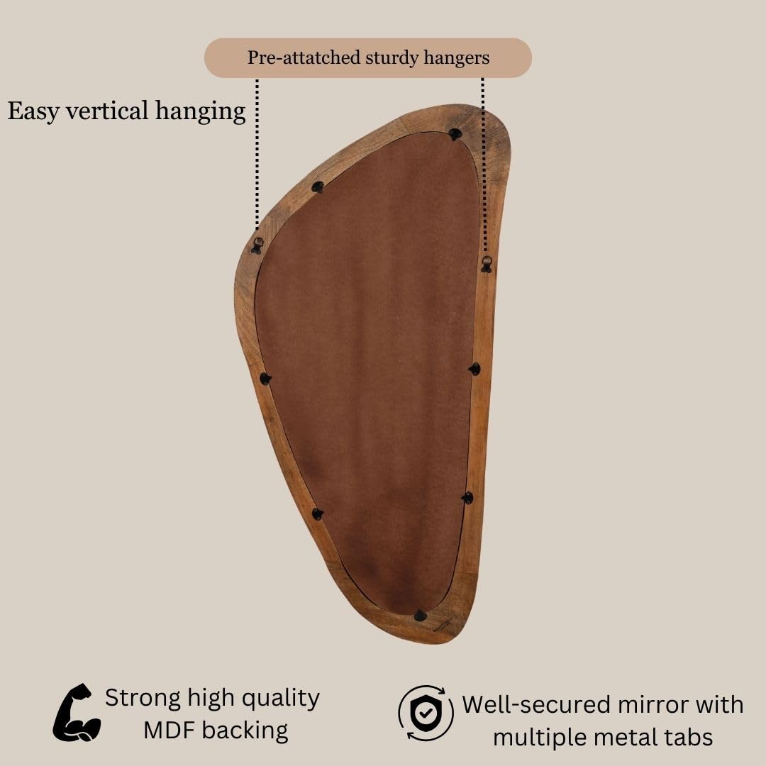 Back view of an asymmetrical mirror with pre-attached sturdy hangers for easy vertical hanging, featuring strong MDF backing and multiple metal tabs for secure mounting