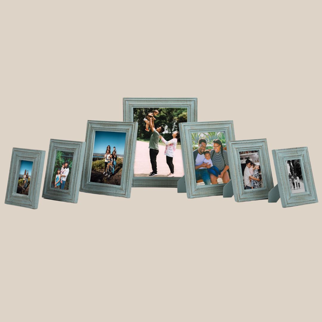 Wooden Green-Gold Distressed Photo Frames Set of 7