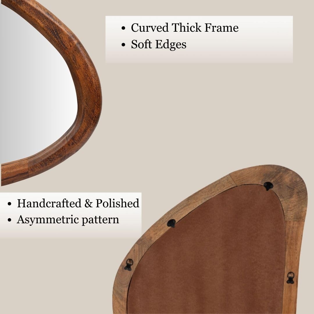 Close-up of a handcrafted mirror with a curved thick wooden frame, soft edges, asymmetric pattern, and polished finish, showing both front and back details