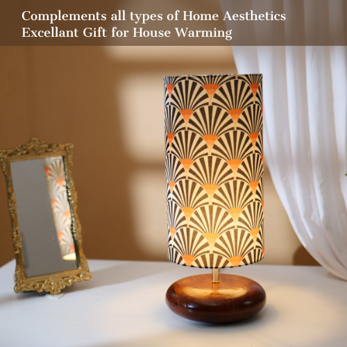 Mango Wood Table Lamp, Orange Zebra Fabric Shade - RIO Collection