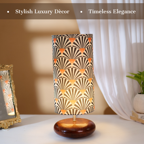Mango Wood Table Lamp, Orange Zebra Fabric Shade - RIO Collection