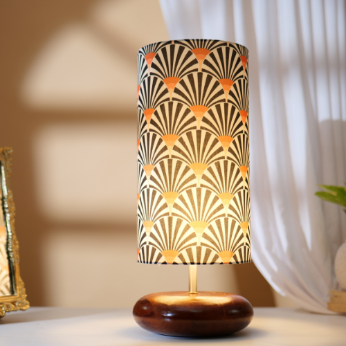Mango Wood Table Lamp, Orange Zebra Fabric Shade - RIO Collection