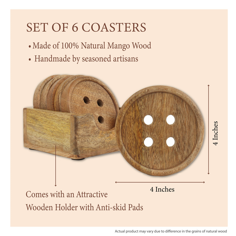 Set of 6 button-shaped coasters crafted from natural mango wood, paired with a wooden holder featuring anti-skid pads, handmade by skilled artisansSet of 6 button-shaped coasters crafted from natural mango wood, paired with a wooden holder featuring anti-skid pads, handmade by skilled artisans