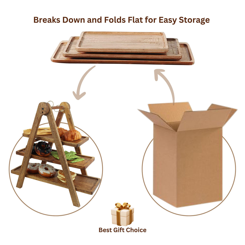 Collapsible wooden serving stand with three trays, folds flat for storage, shown with food and packed in a box.