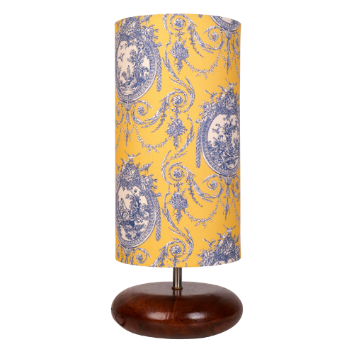 Mango Wood Table Lamp, Yellow Victorian Fabric Shade - RIO Collection
