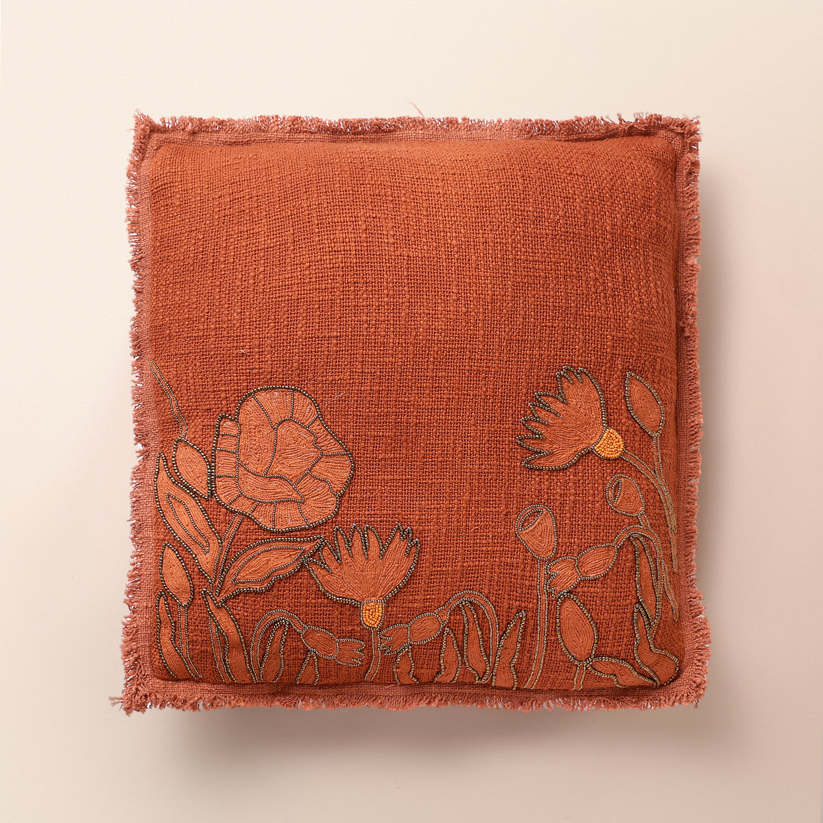 SIENNA Square Cushion, Bead Work, 18 x 18 Inch, Burnt Orange, TNT Beads