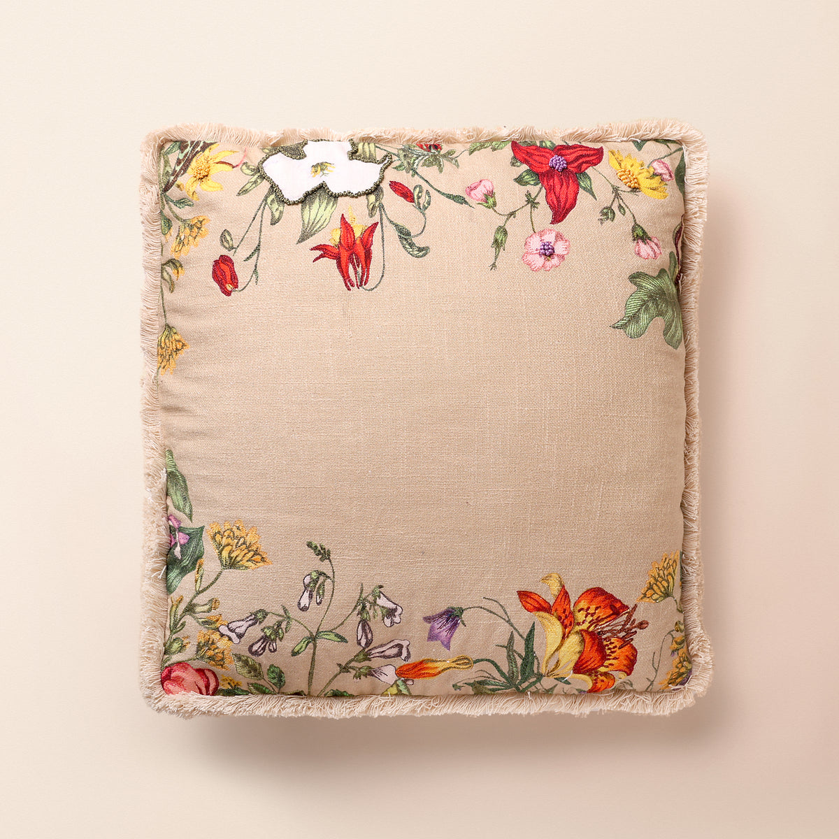 KUNJ Square Cushion, Embroidery, 18 x 18 Inch, Beige, Botanical Bloom