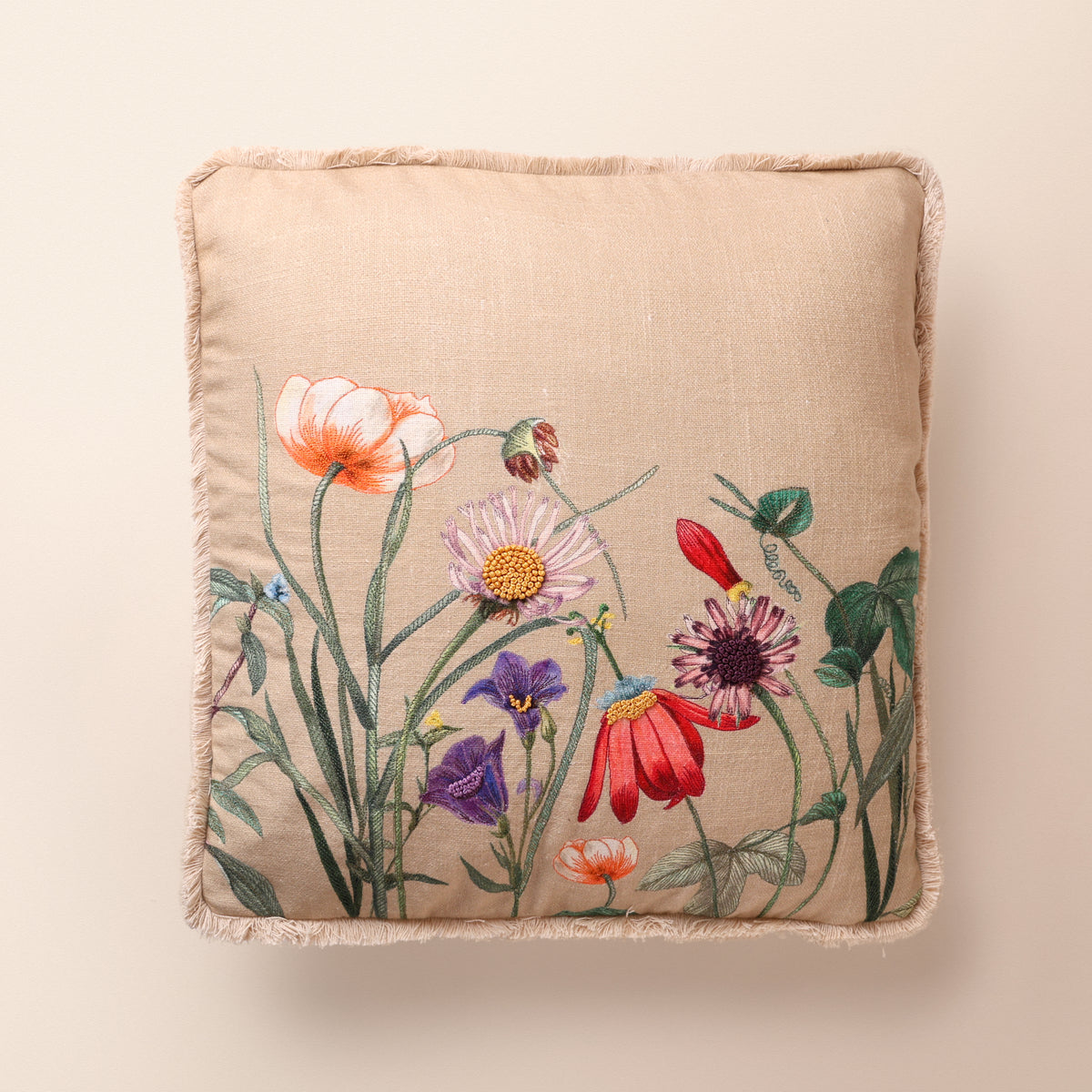 BUTA Square Cushion, Embroidery, 18 x 18 Inch, Beige, Botanical Bloom