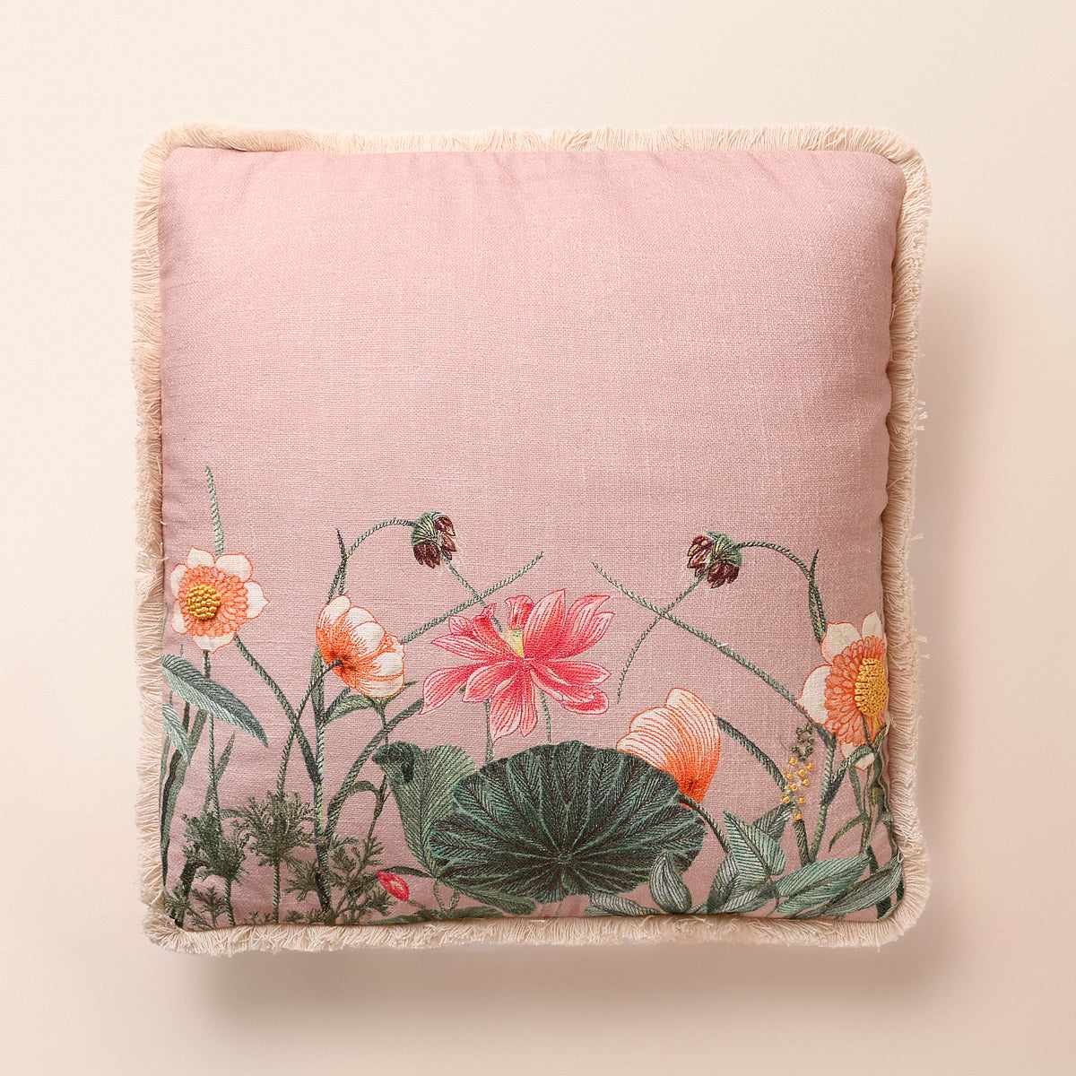 PANKHURI Square Cushion, Embroidery, 18 x 18 Inch, Blush, Botanical Bloom