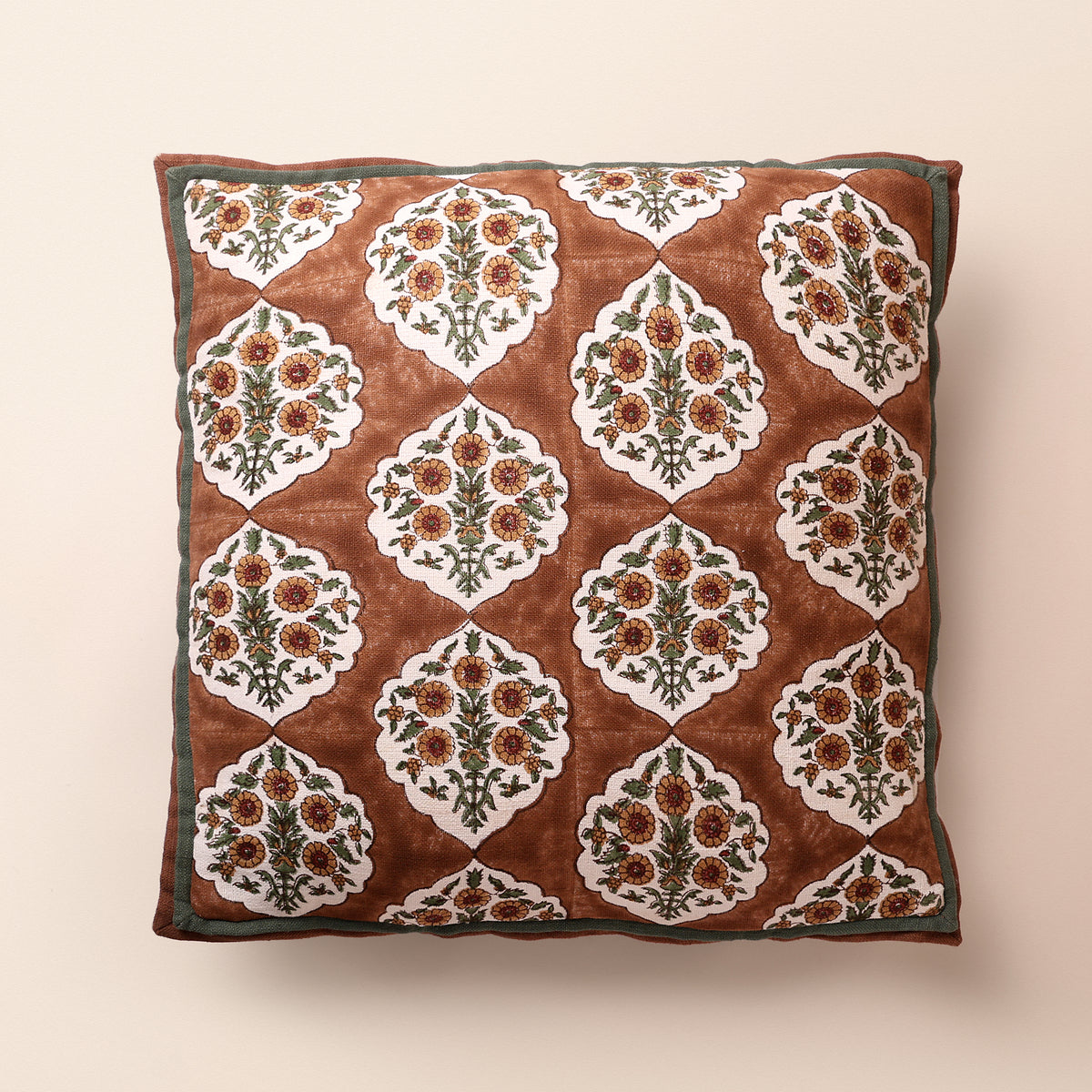 BAGRU Square Cushion, Block Print, 18 x 18 Inch, Mocha, Jaipur House
