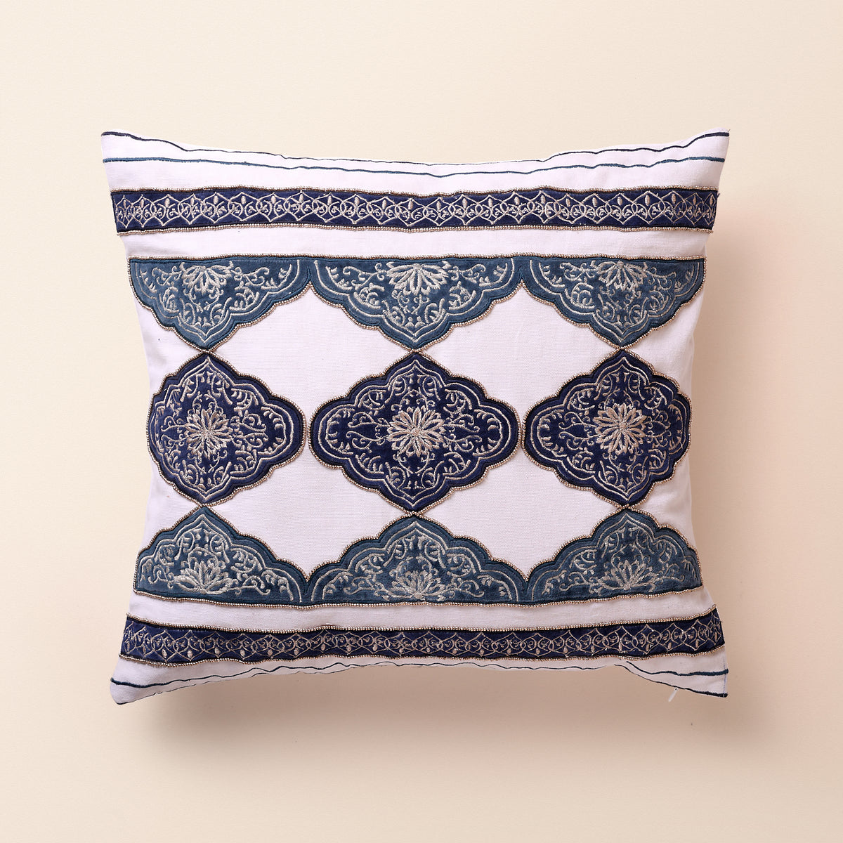 MEHTAB Square Cushion, Zari, 18 x 18 Inch, Blue, Four Motif, Mughal Garden