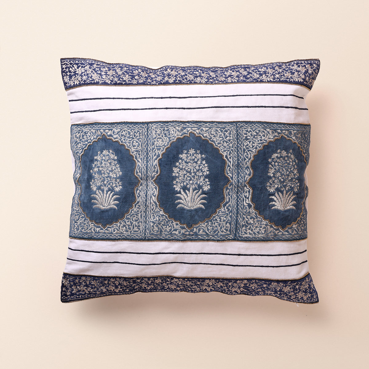 MEHTAB Square Cushion, Zari, 18 x 18 Inch, Blue, Three Motif, Mughal Garden