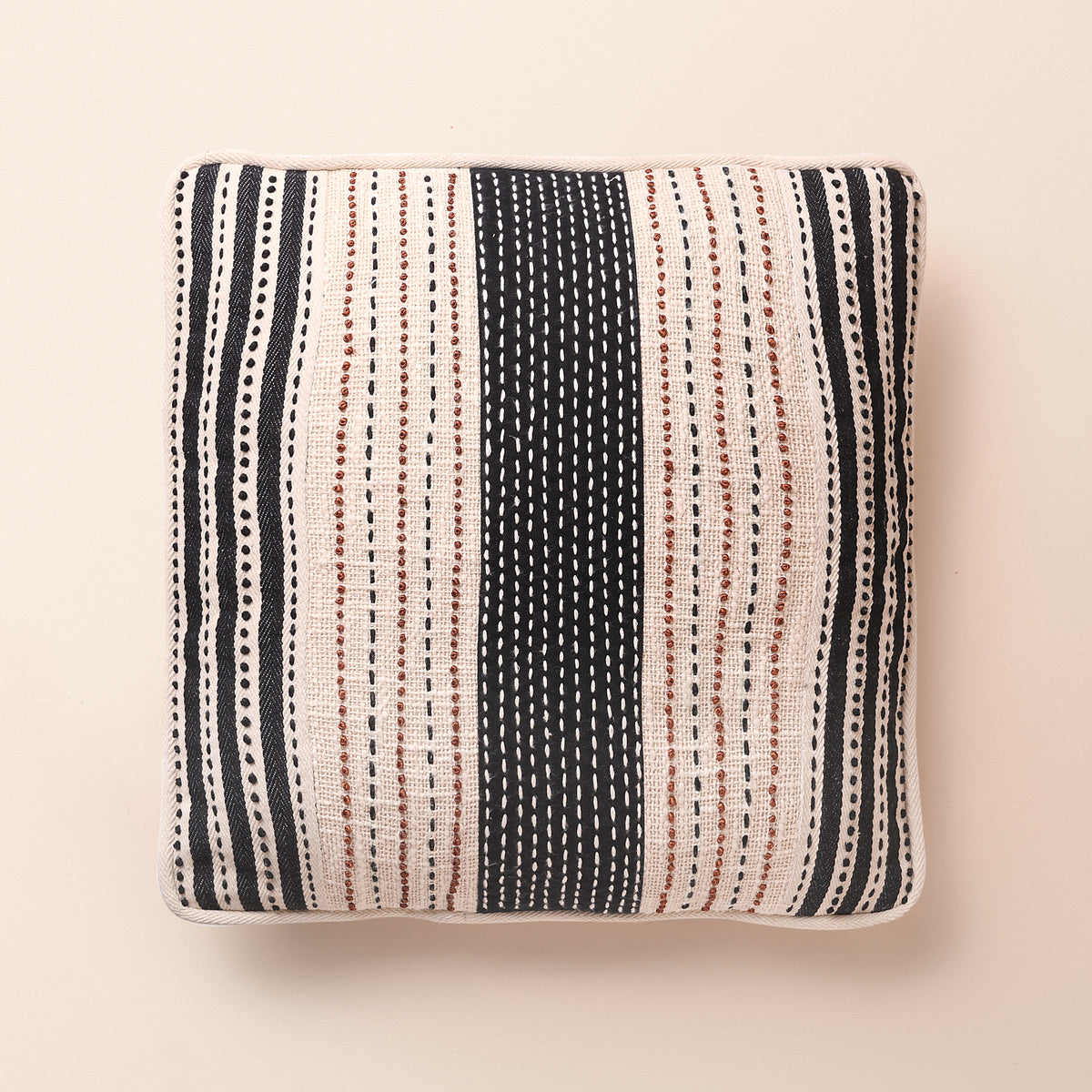 CIREL Square Cushion, Kantha, 18 x 18 Inch, Ivory, Classic Monochromes