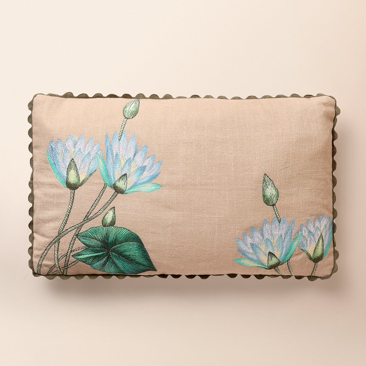 KALI Oblong Cushion, Embroidery, 12 x 20 Inch, Beige, Botanical Bloom