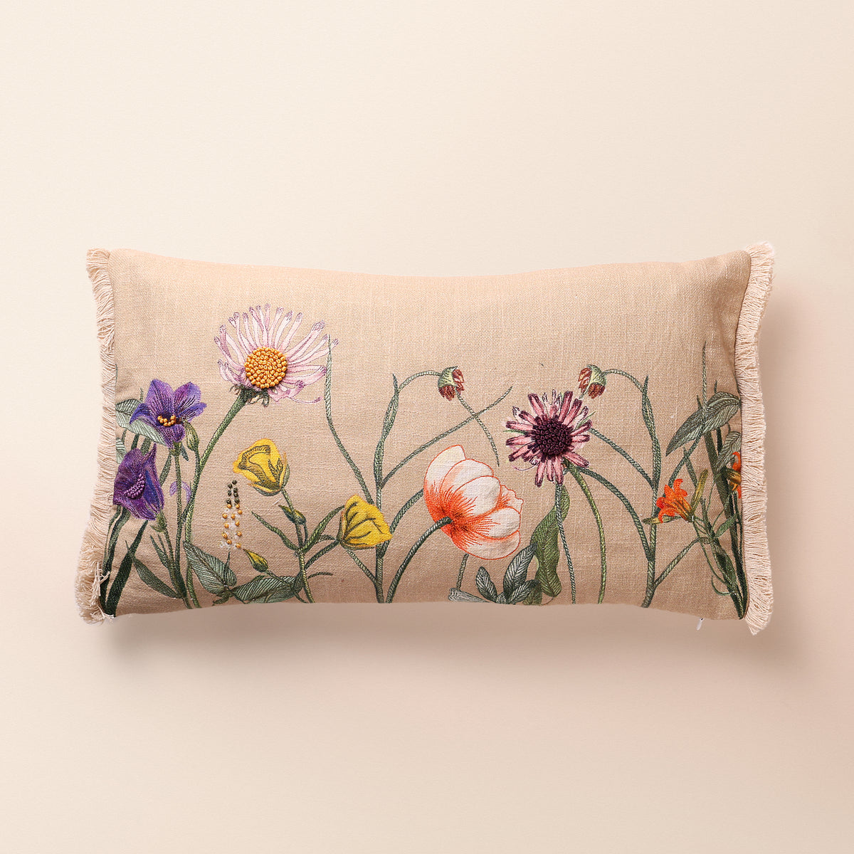 BUTA Oblong Cushion, Embroidery, 12 x 20 Inch, Beige, Botanical Bloom